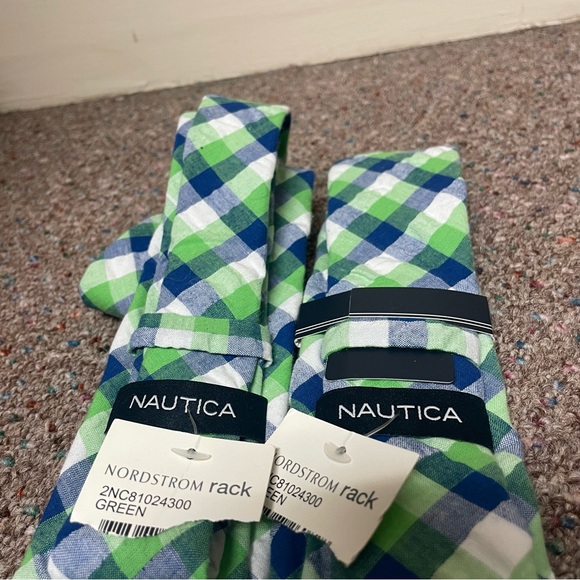 Lot Of 2 Nautica Men’s Neck Ties Plaid Green Skinny Cotton Spring Easter New - Picture 2 of 5